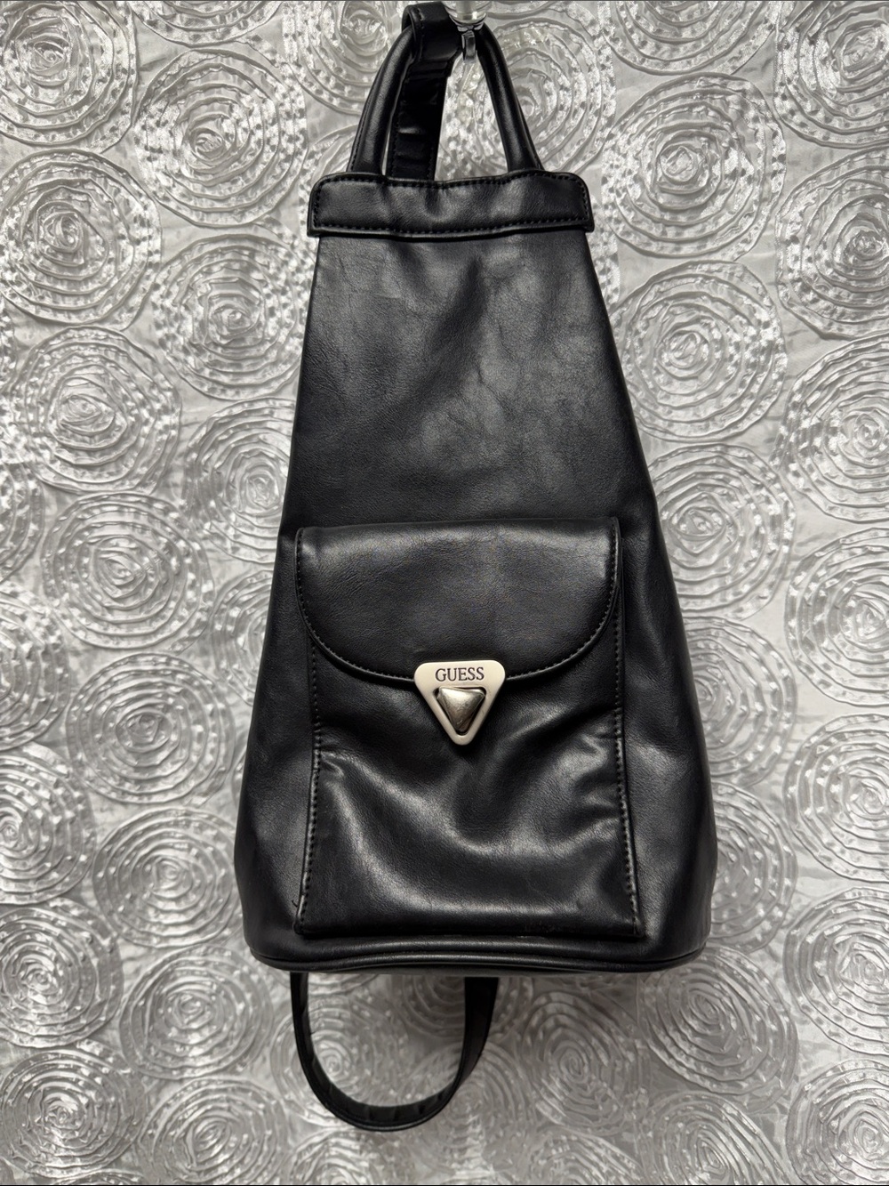 GUESS Black Leather-Look Backpack with Signature Triangle Logo
